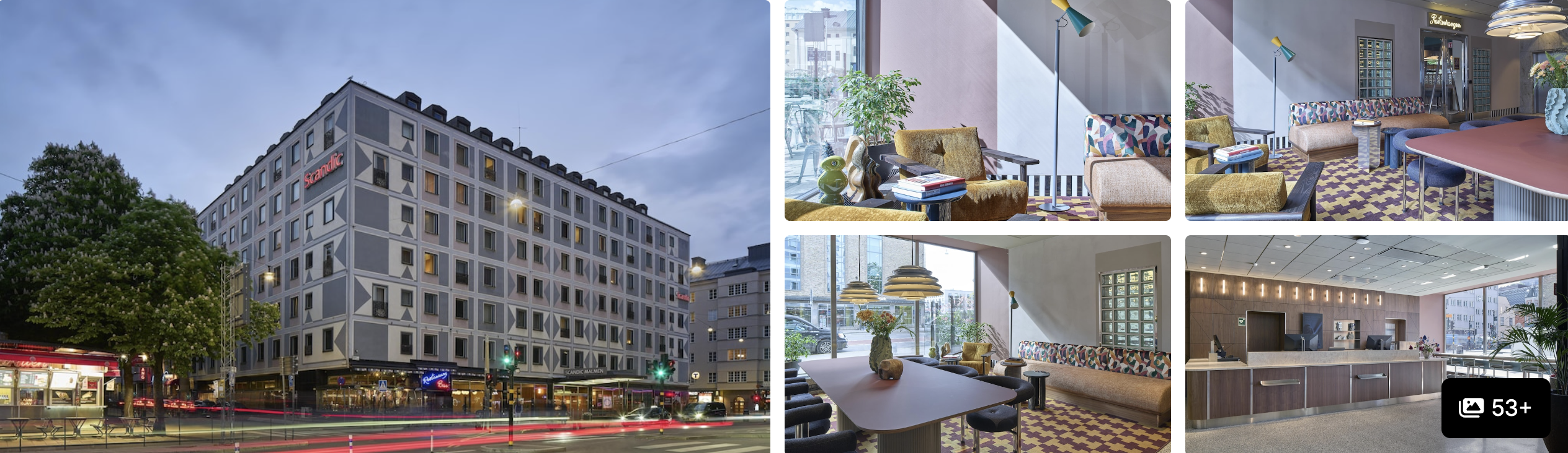Photos of Scandic Malmen Stockholm: grey corner facade at dusk, retro lounges and reception desk