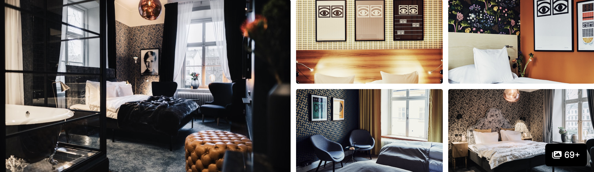 Photos of NOFO Hotel Stockholm: moody guest room with freestanding tub, patterned headboards and bedrooms