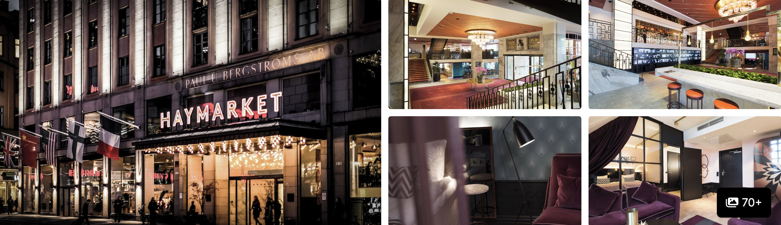 Photos of Haymarket by Scandic Stockholm: illuminated Haymarket marquee at night, grand stair, lounge and bar