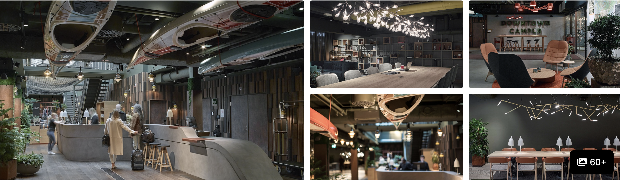 Photos of Downtown Camper by Scandic Stockholm: industrial-style lobby with hanging canoes, communal tables and lounge