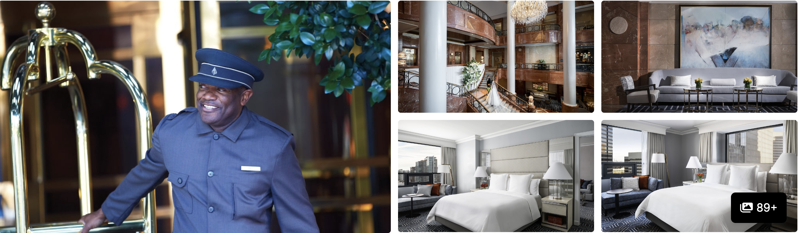 Photos of Four Seasons Hotel Atlanta: smiling bellman with luggage cart, library lounge, artful sitting area and guest rooms
