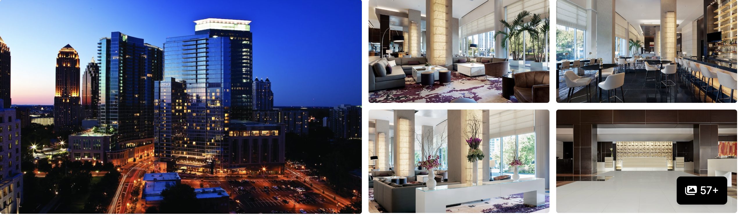 Photos of Loews Atlanta Hotel: illuminated tower at dusk over Midtown, marble lobby, lounge seating and reception