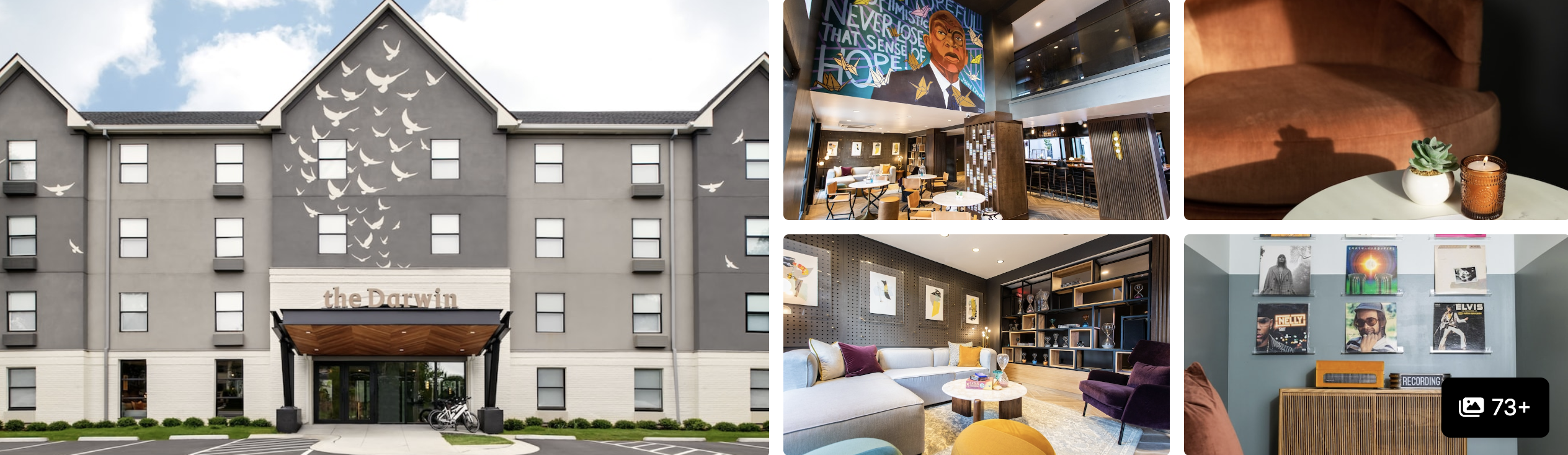 Photos of voco The Darwin Atlanta Midtown: gray exterior with bird-flock art, lobby lounge, library seating and gallery wall