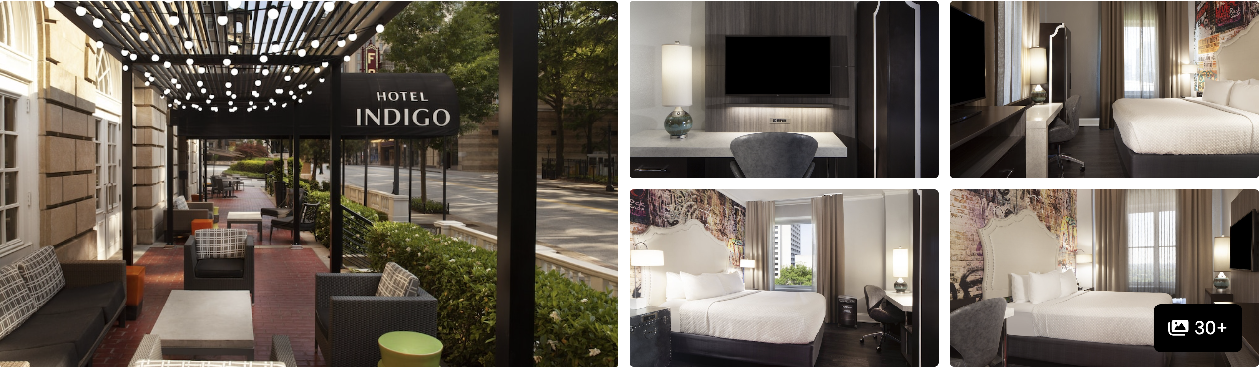 Photos of Hotel Indigo Atlanta Midtown: covered patio with lit canopy and signage, guest rooms and seating