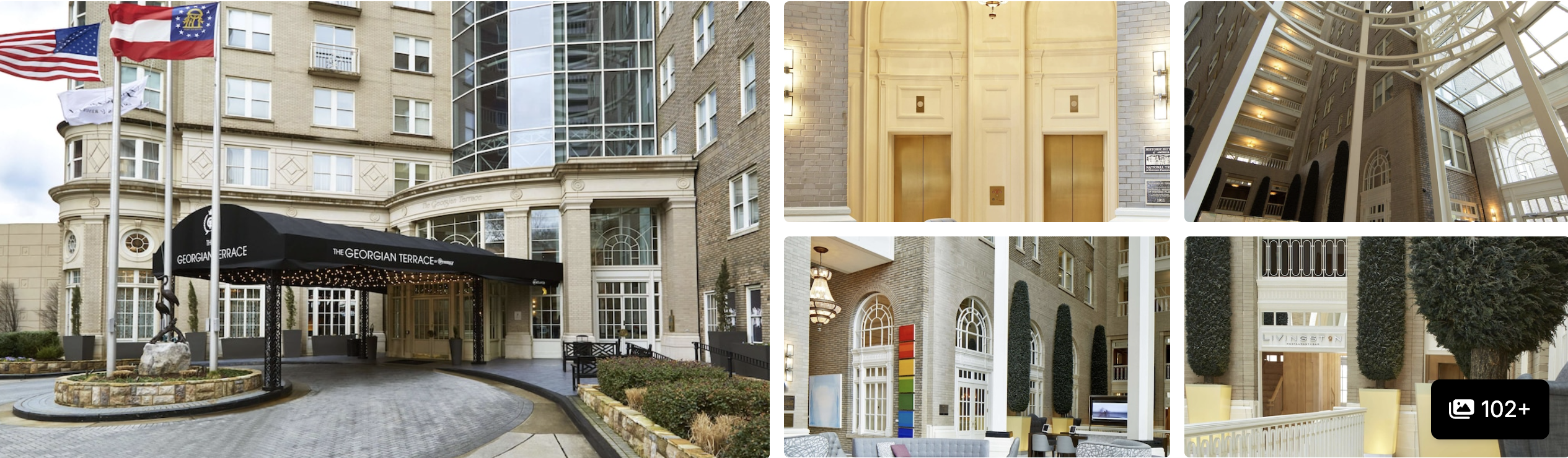 Photos of The Georgian Terrace, Atlanta: historic facade with flags and porte-cochere, ornate entrance, atrium and arched lobby
