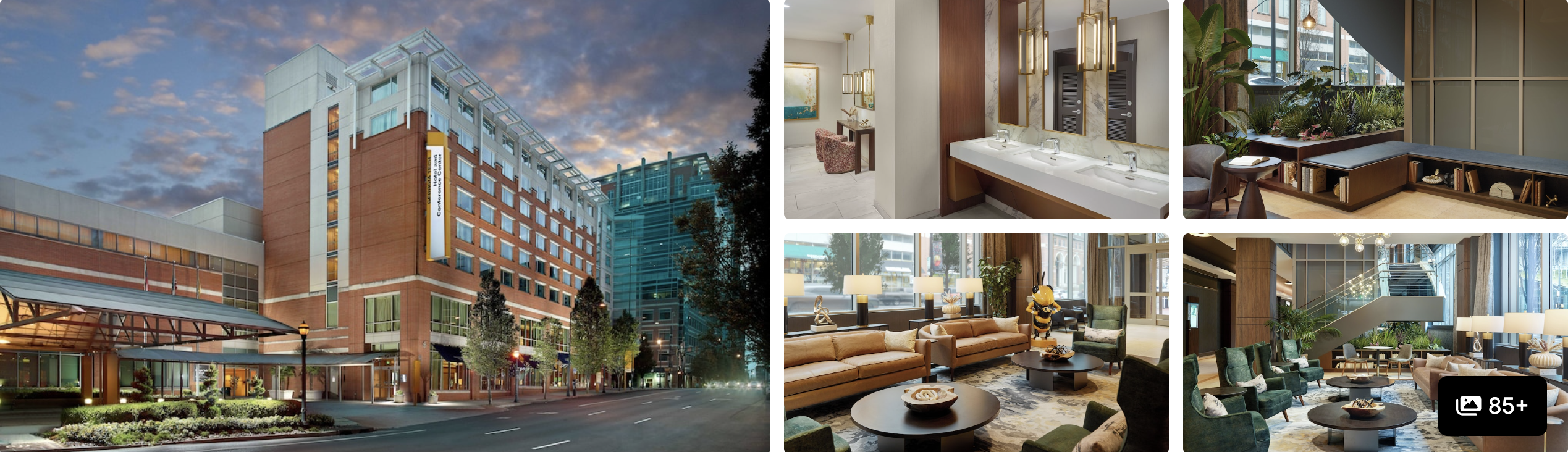 Photos of Georgia Tech Hotel and Conference Center, Atlanta: brick exterior at sunset, bathroom, lobby lounge and seating areas