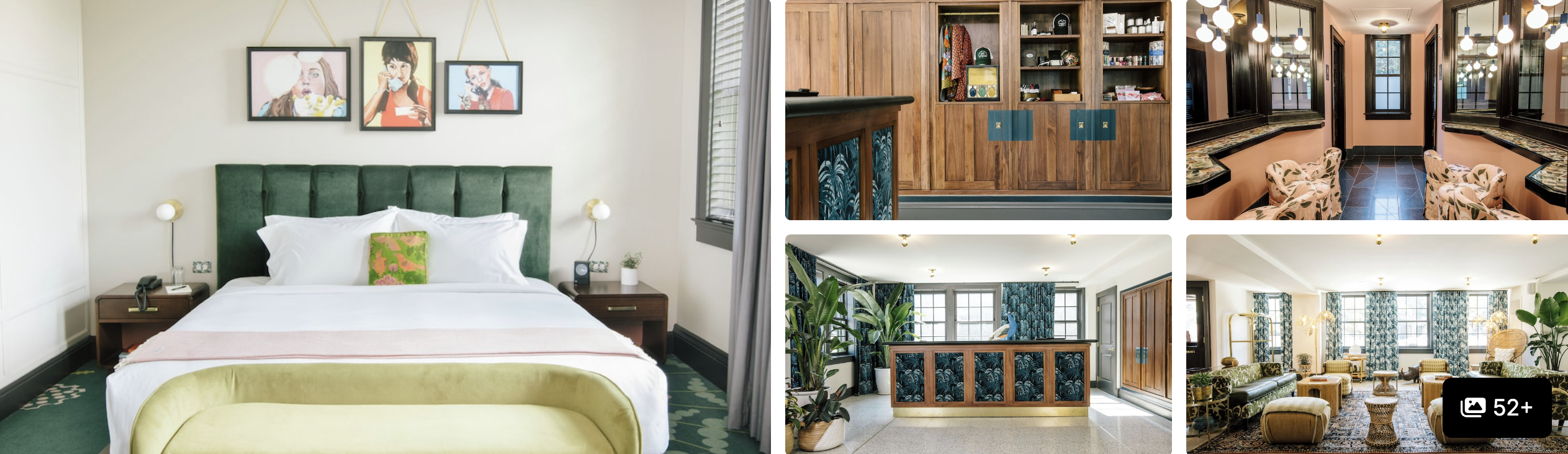 Photos of Hotel Clermont, Atlanta: green-upholstered bedroom, wood-paneled bar, lobby reception and plant-filled lounge