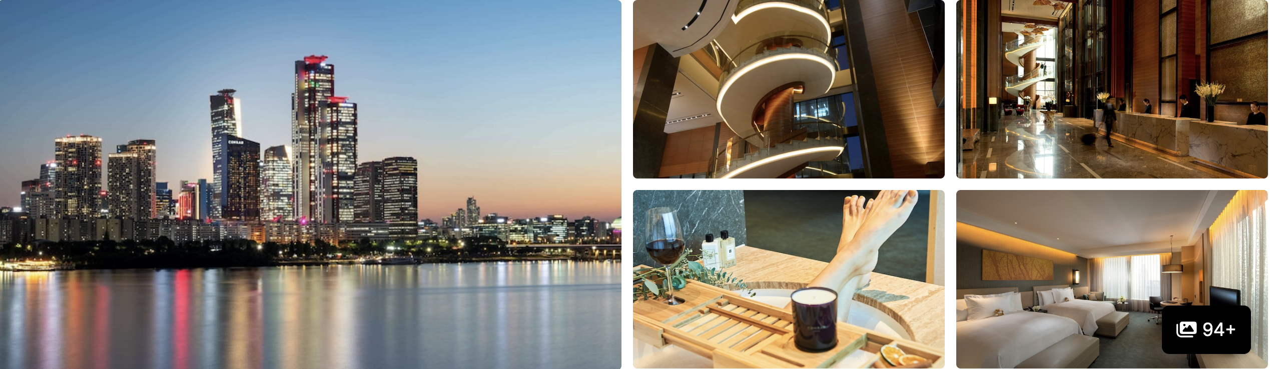Photos of Conrad Seoul: riverfront skyline at dusk, spiral staircase lobby, spa bath and modern guest room