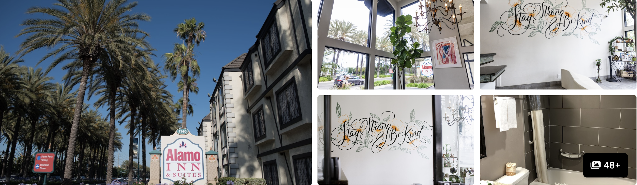Photos of Alamo Inn & Suites, Anaheim: palm-lined exterior with sign, sunlit breakfast area and tiled bathroom