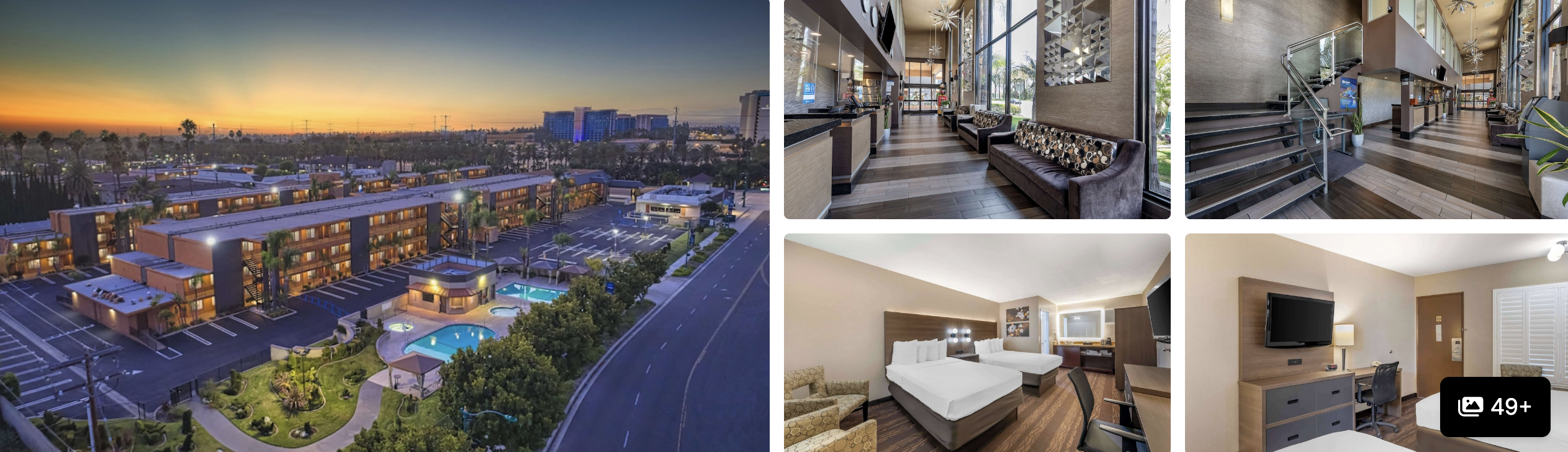 Photos of Best Western Plus Stovalls Inn, Anaheim: aerial pool and exterior at sunset, lobby stairway and guest rooms