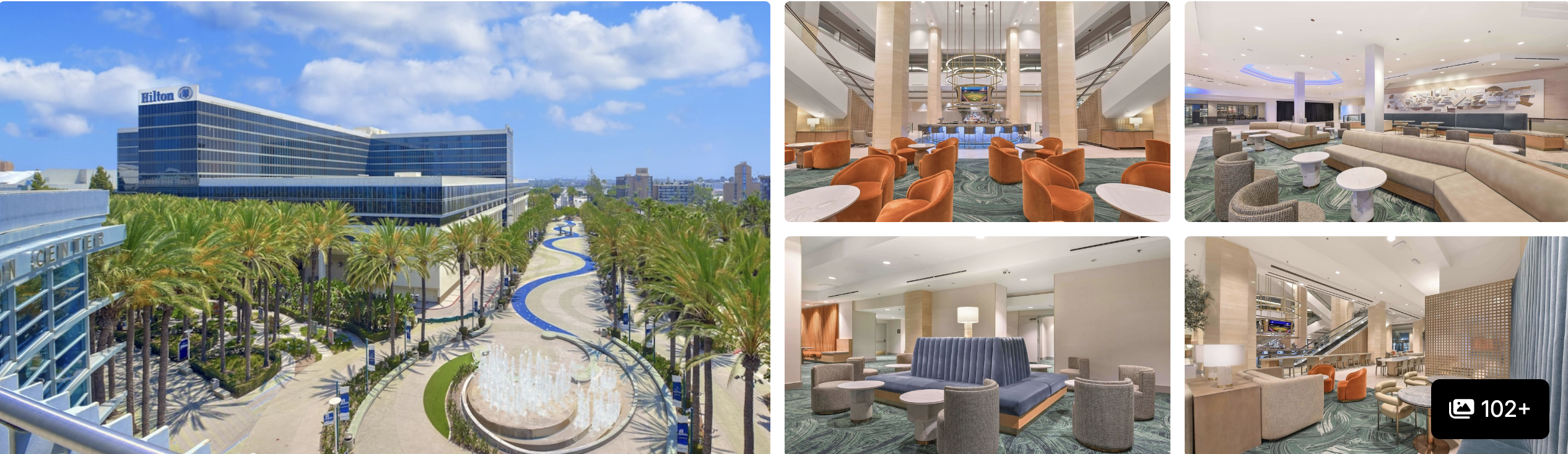 Photos of Hilton Anaheim: blue glass tower with palm-lined fountain walk, atrium lobby and lounge seating
