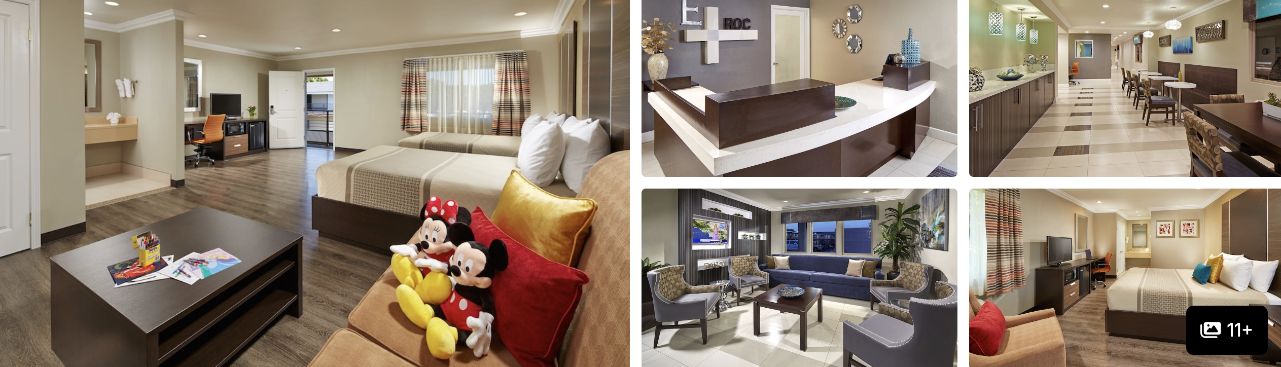 Photos of Eden Roc Inn & Suites, Anaheim: family suite with sofa and beds, reception desk and lounge seating