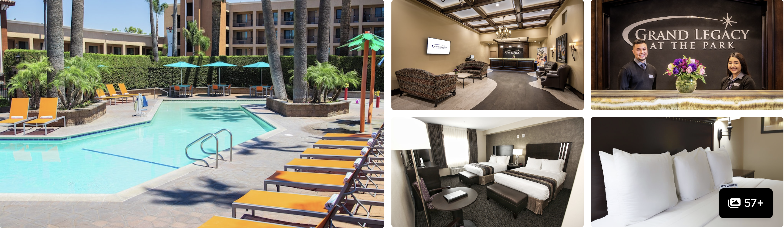 Photos of Grand Legacy At The Park, Anaheim: pool deck with loungers and palms, lobby, branded signage and guest room