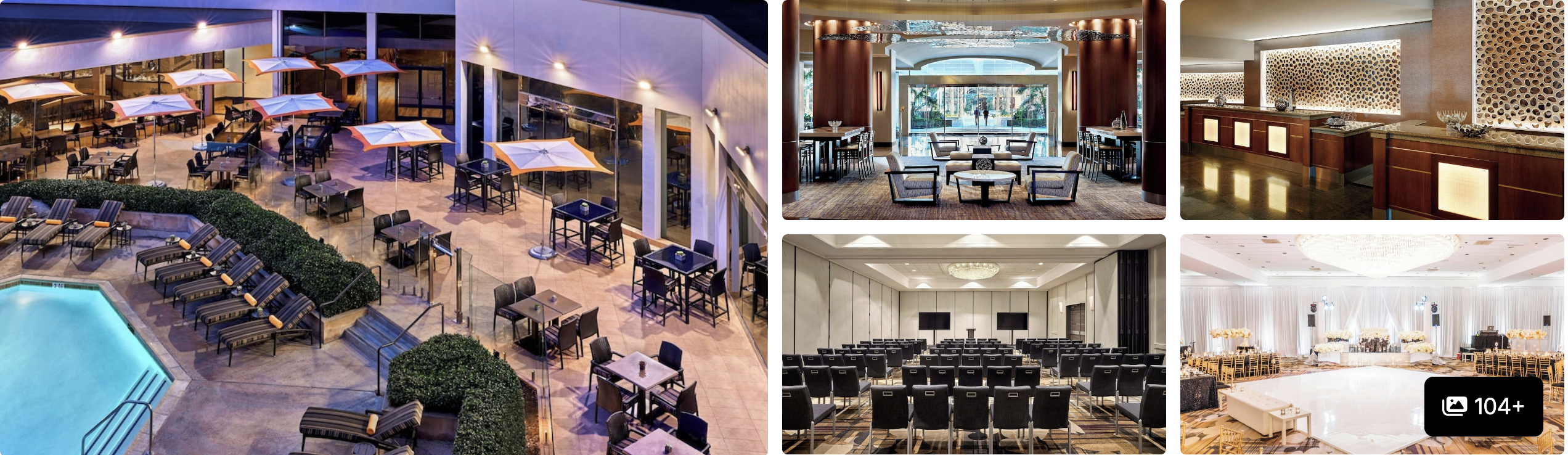Photos of Anaheim Marriott: poolside patio with umbrellas, restaurant, lobby bar and meeting and banquet rooms