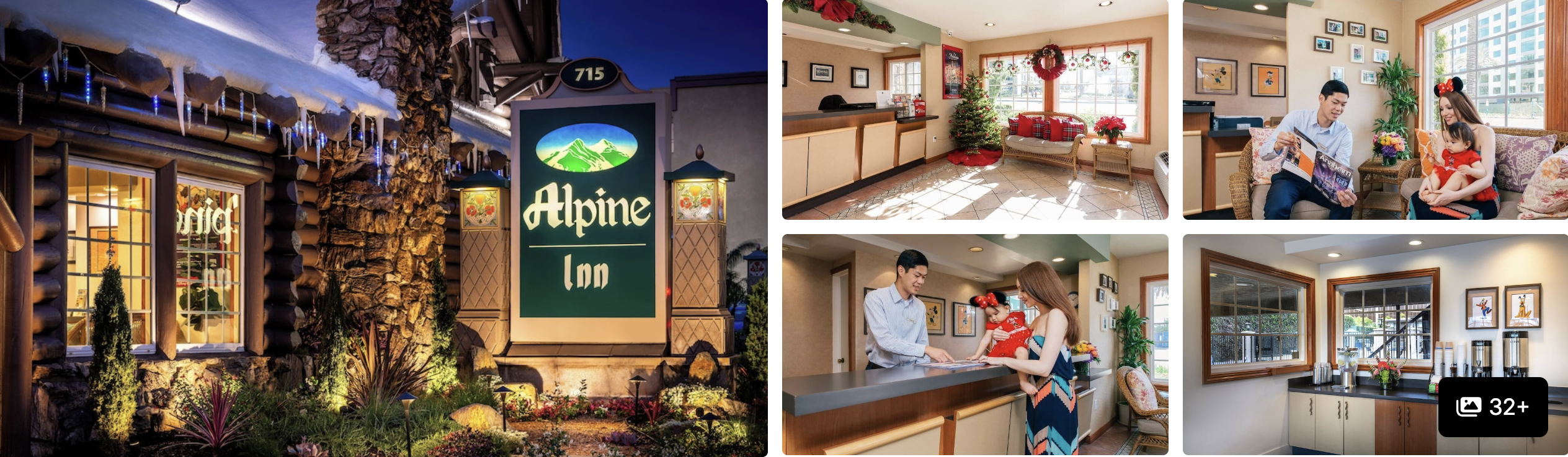 Photos of Alpine Inn Anaheim: lit chalet-style exterior sign, cozy lobby and front desk with guests at check-in