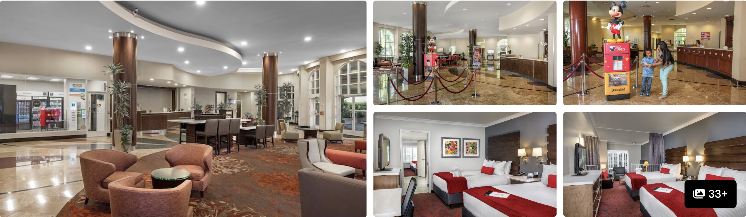 Photos of Desert Palms Hotel & Suites, Anaheim: spacious lobby with columns, reception desk and guest rooms