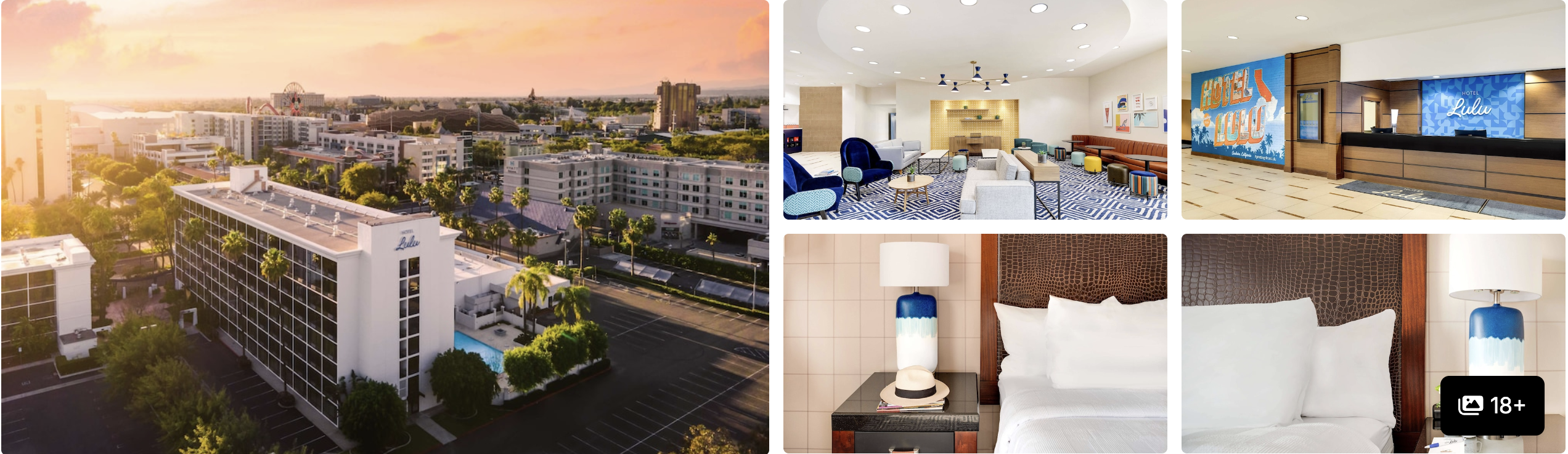 Photos of Hotel Lulu, BW Premier Collection in Anaheim: rooftop exterior at sunset, bright lounge and guest beds
