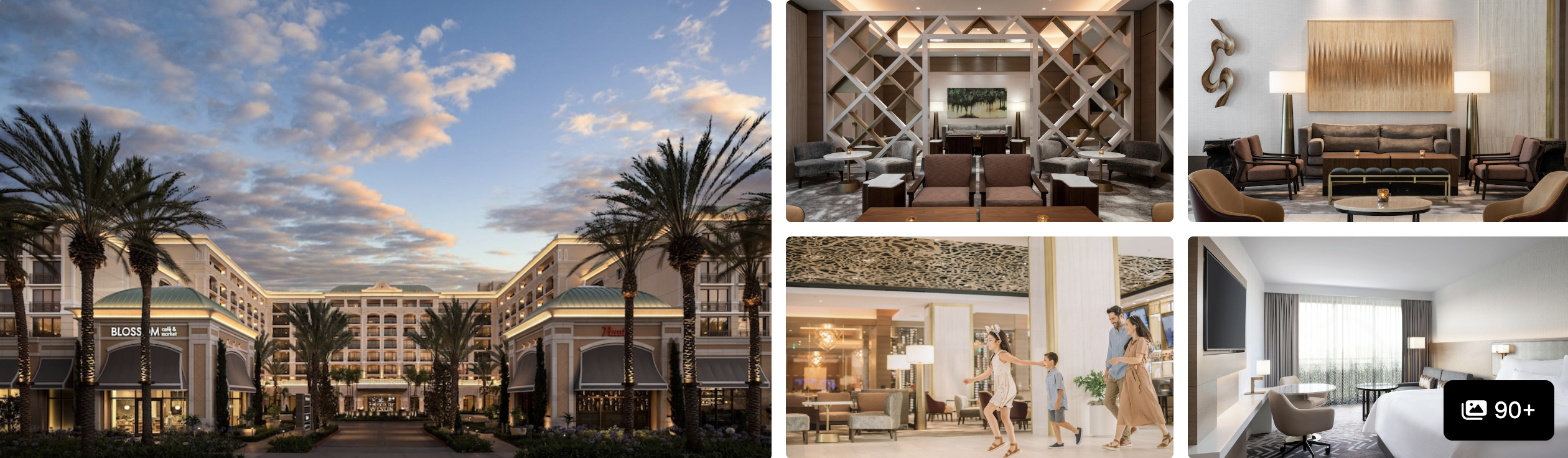 Photos of The Westin Anaheim Resort: palm-lined exterior at dusk, lobby lounge, guests in corridor and a guest room