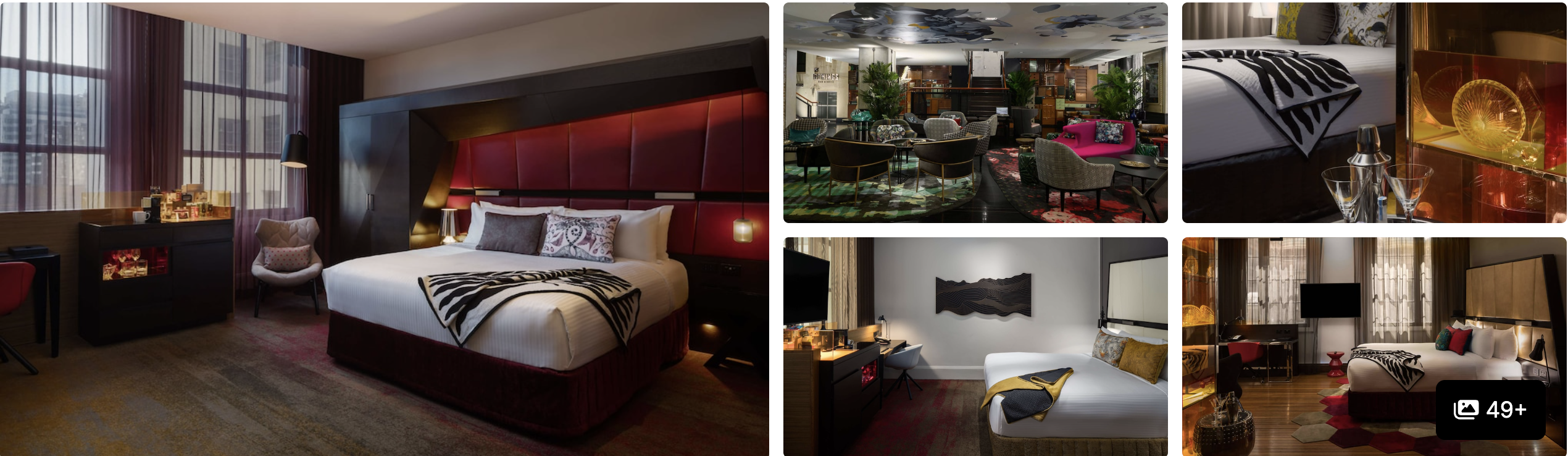 Photos of QT Sydney: dramatic dark guest room with red velvet headboard, eclectic lounge and bedrooms