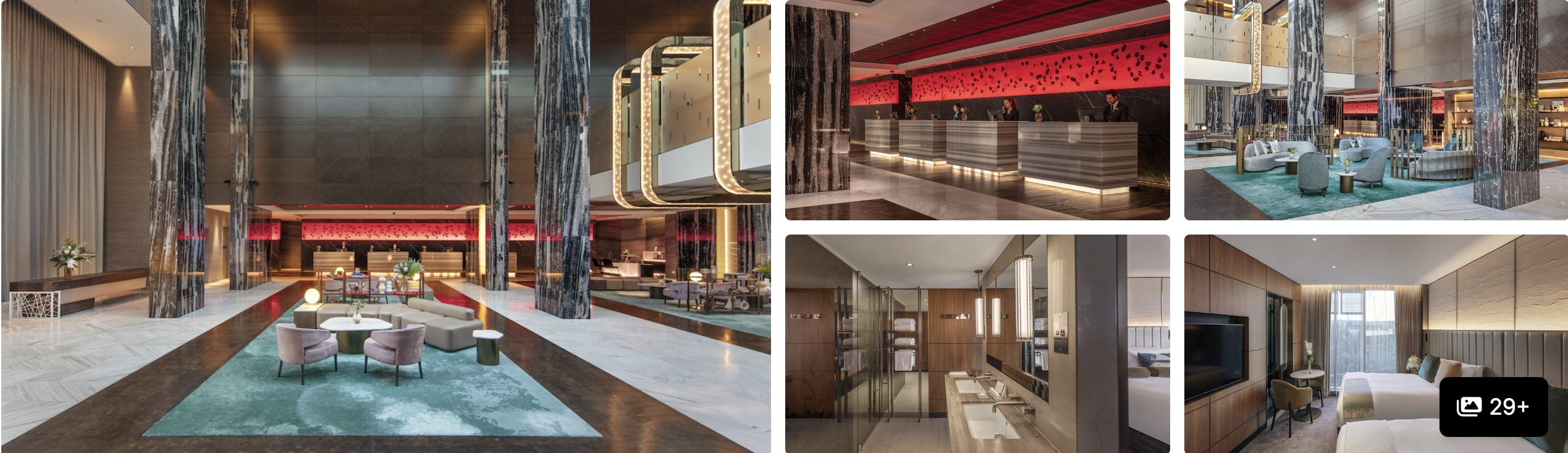 Photos of The Darling Hotel, Sydney: marble lobby with stone columns, reception and guest room