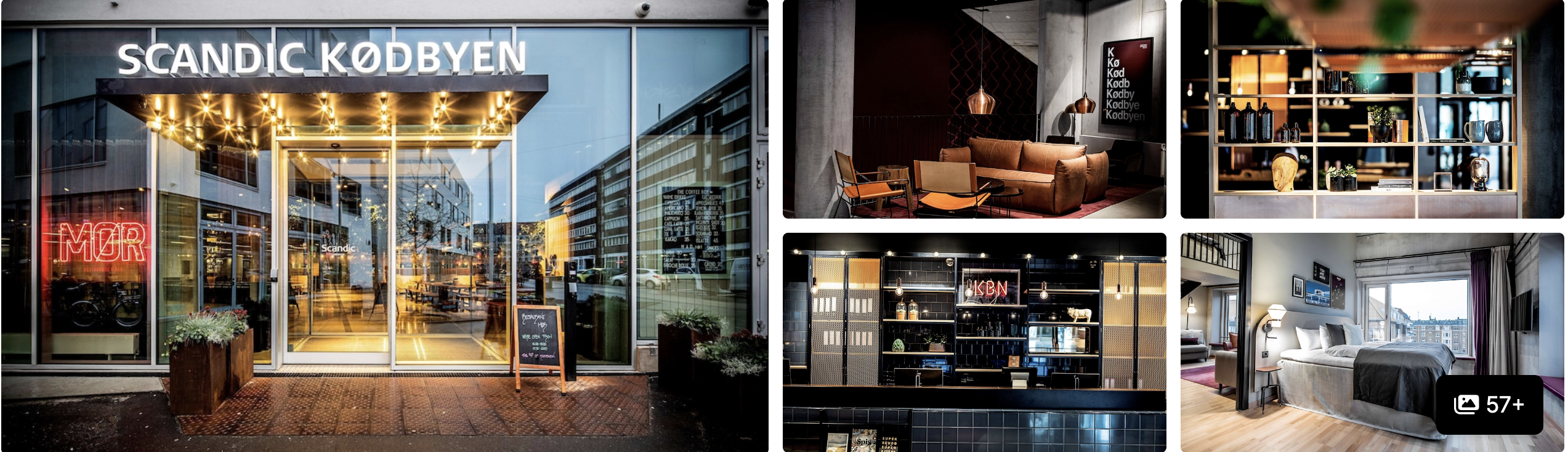 Photos of Scandic Kodbyen, Copenhagen: illuminated entrance, lounge, bar shelving and guest room with bathtub