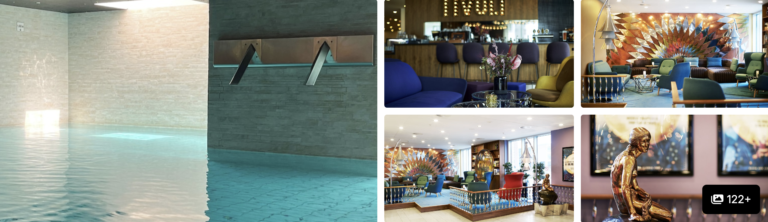 Photos of Tivoli Hotel & Congress Center, Copenhagen: waterfront exterior at dusk, atrium and lounge with harbour views