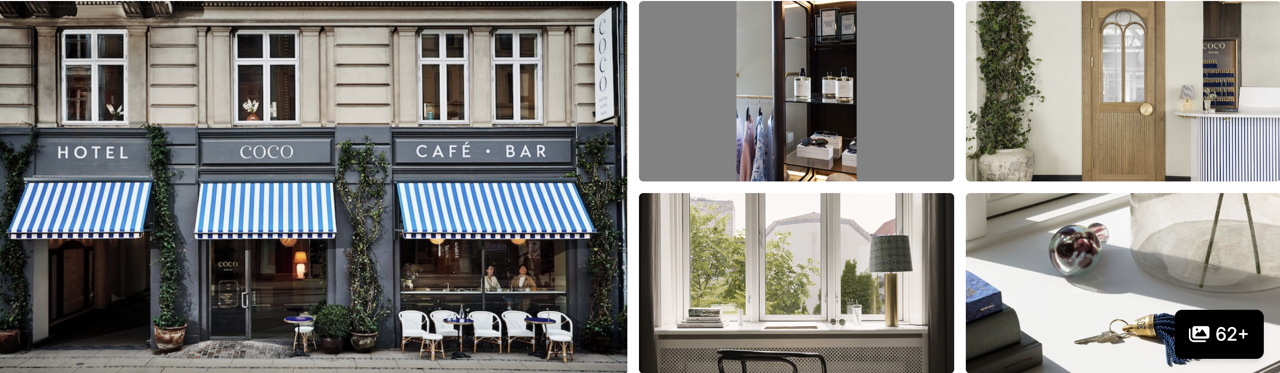 Photos of Coco Hotel, Copenhagen: street-side cafe-bar with awning, wardrobe, lobby greenery and room details
