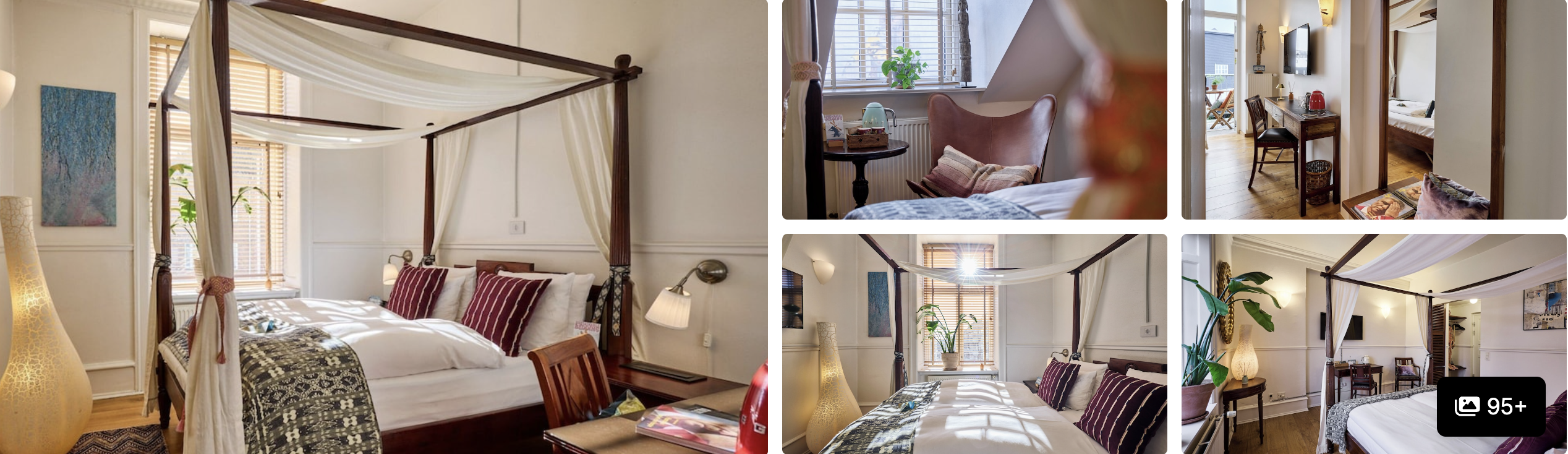 Photos of Carlton 66 Guldsmeden, Copenhagen: four-poster canopy beds in rooms with warm wood and patterned linens