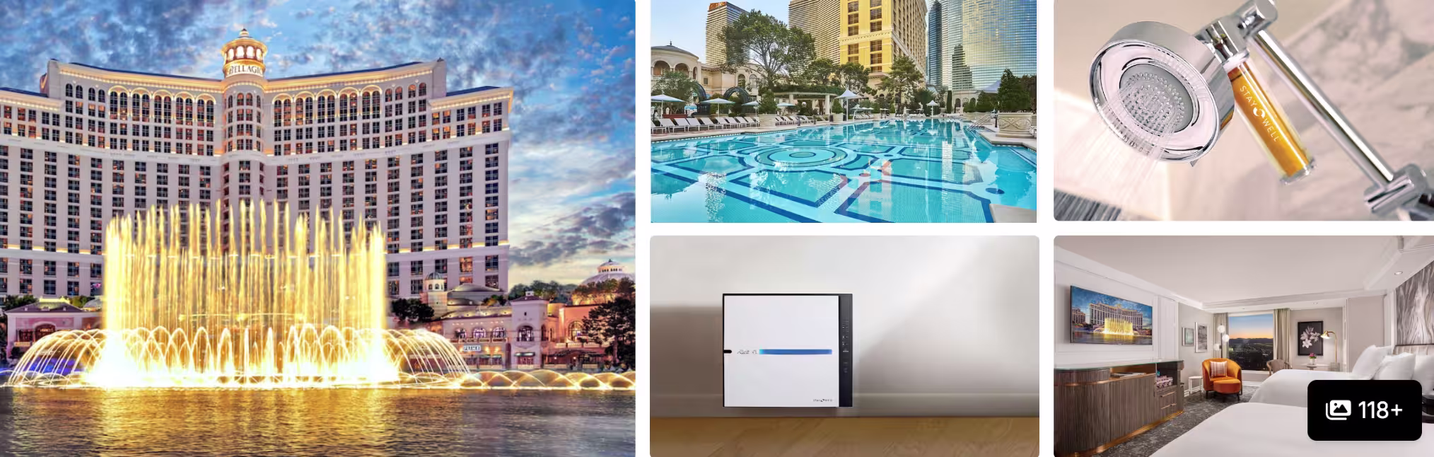 Photos of Bellagio Las Vegas: illuminated fountains at dusk, pool deck, guest room and bathroom fixtures