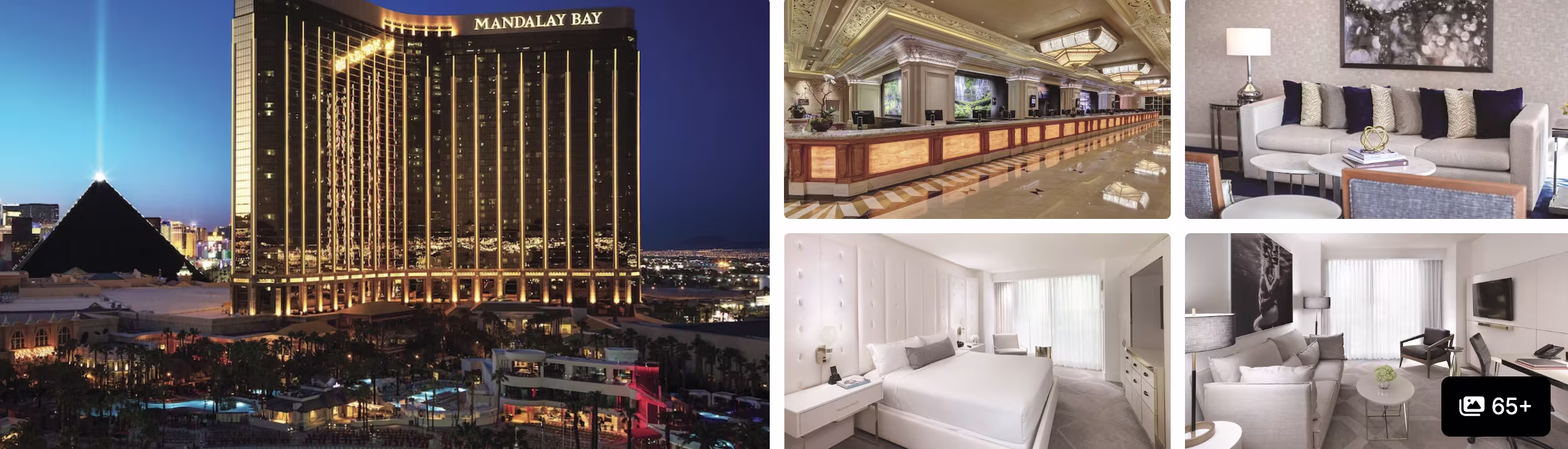 Photos of Mandalay Bay Las Vegas: gold tower at night, lobby bar and bright guest rooms