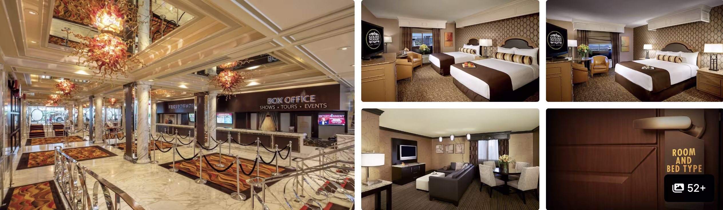 Photos of Circa Resort and Casino Las Vegas: chandelier-lit lobby, guest rooms and seating areas