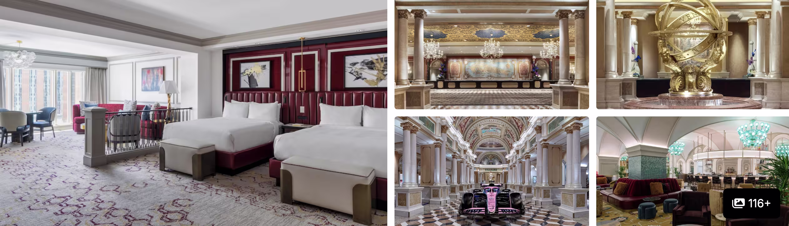 Photos of The Venetian Resort Las Vegas: twin guest beds, gilded lobby, grand hall and bathroom