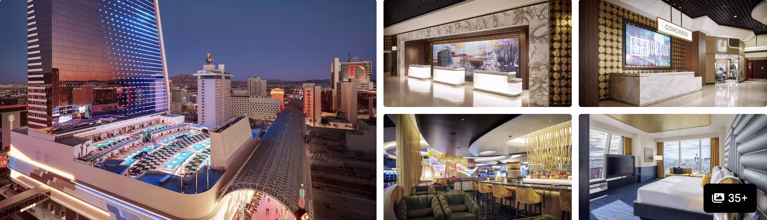 Photos of an off-Strip Las Vegas hotel: lit tower and pool deck at dusk, reception desk, lounge and guest room