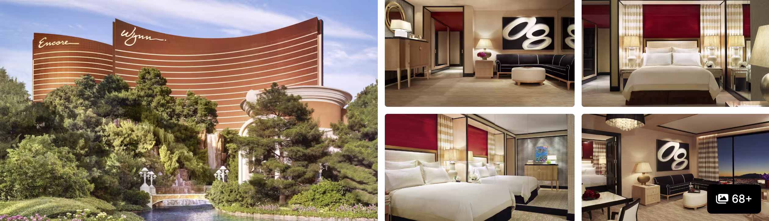 Photos of Encore and Wynn Las Vegas: curved tower with gardens and waterfall plus warm-toned guest suites