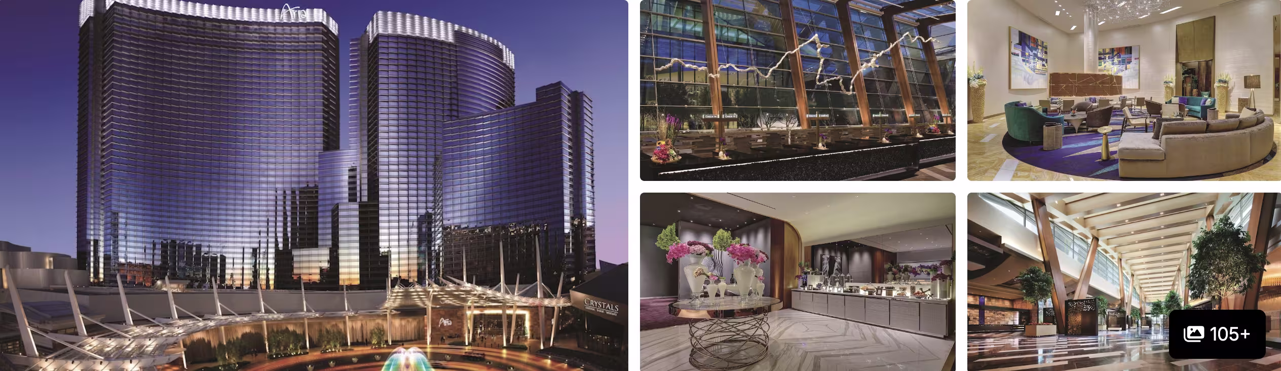 Photos of Aria Las Vegas: curved glass towers at dusk, lobby lounge, dining and atrium interiors