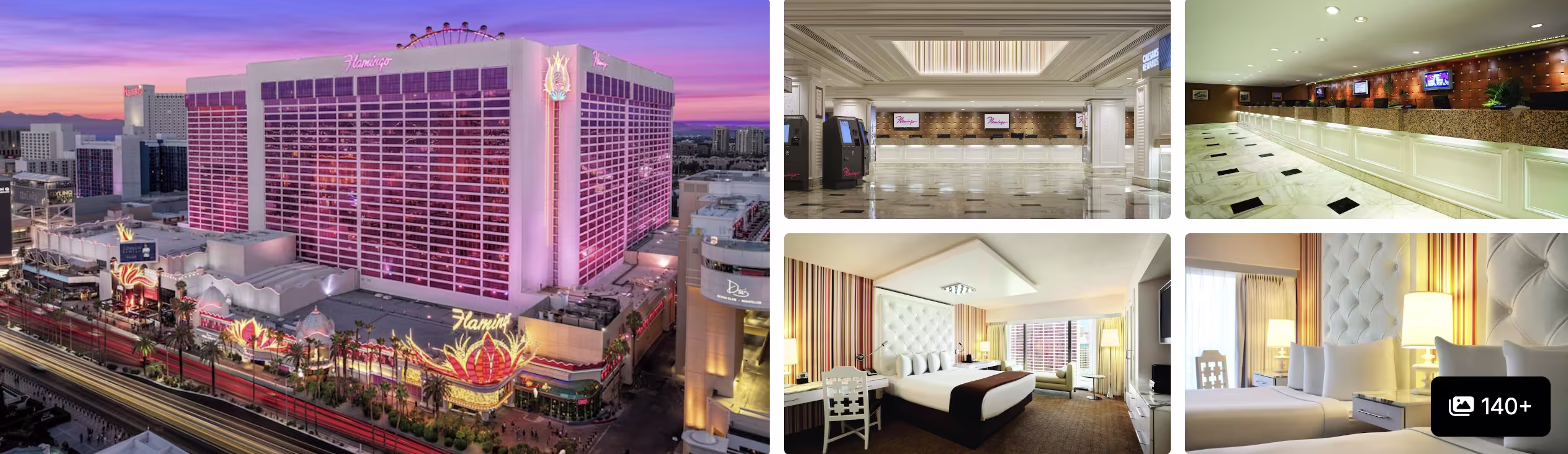 Photos of the Flamingo Las Vegas: pink-lit tower exterior, lobby, corridor and guest rooms