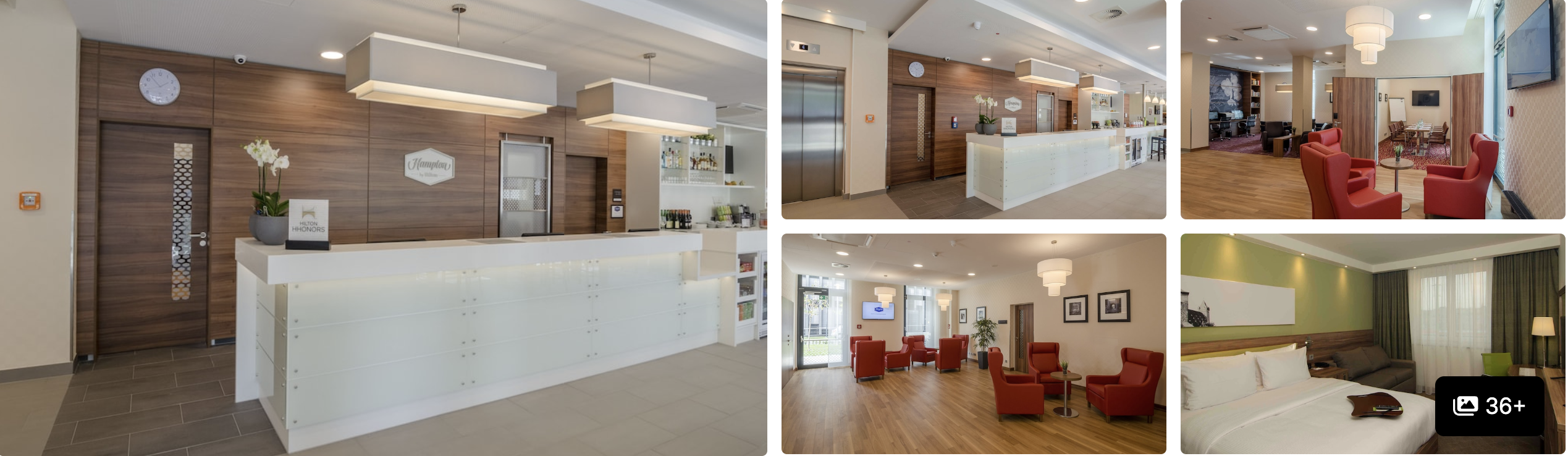 Photos of Hampton by Hilton Frankfurt City Centre Messe: wood-panel reception, lobby seating and guest room