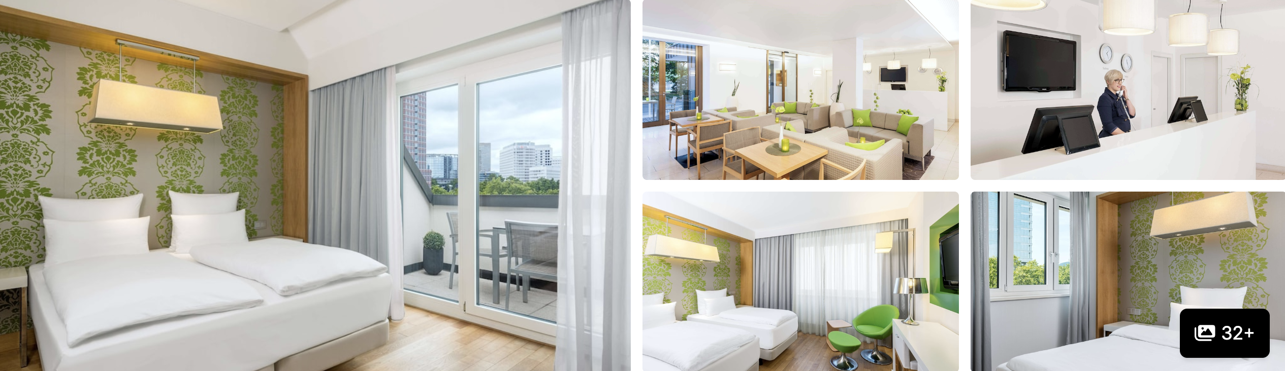 Photos of NH Frankfurt Messe: green-walled guest rooms, bright living area and reception desk