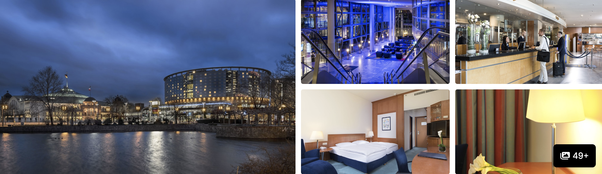 Photos of Maritim Hotel Frankfurt: illuminated waterfront exterior at dusk, atrium lobby, reception and guest room