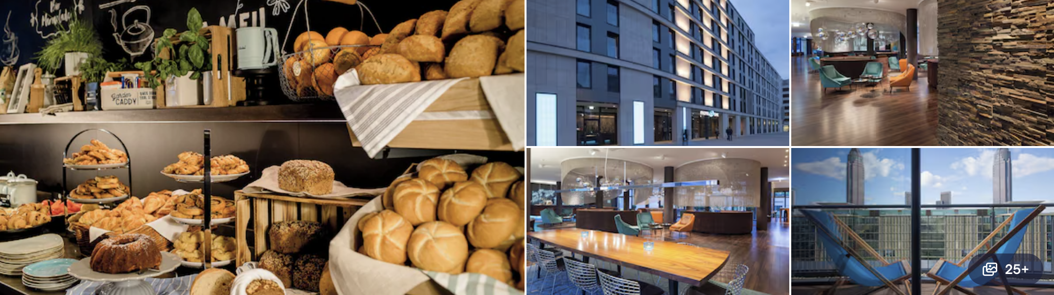 Photos of Motel One Frankfurt: breakfast buffet with fresh bread, dark exterior, stone-wall lobby and dining area