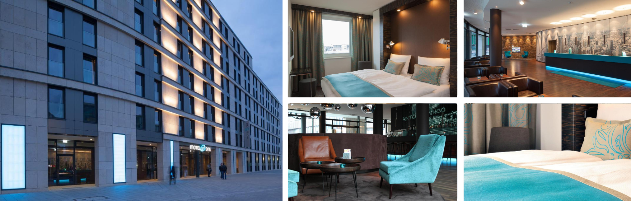 Photos of a Messe Frankfurt area hotel: lit building exterior at dusk, modern guest rooms, lounge and pool