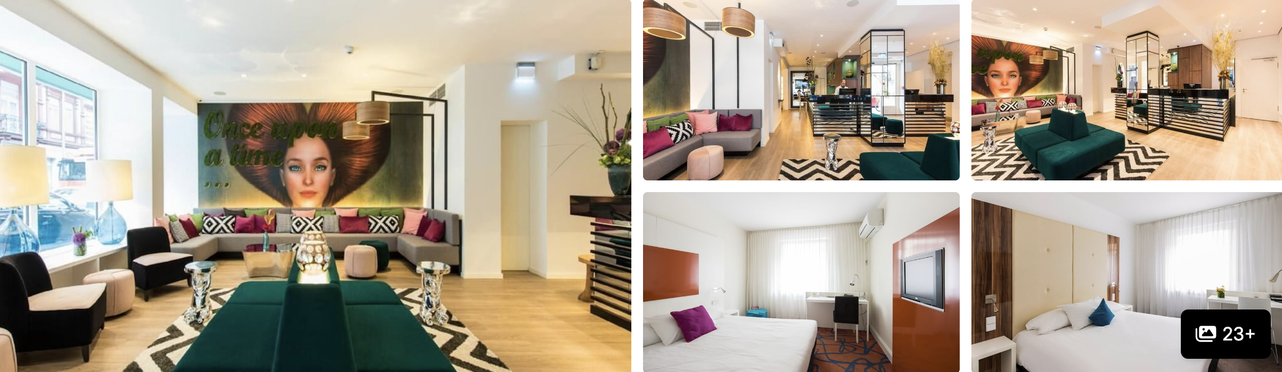 Photos of ibis Frankfurt City Messe: red-toned guest rooms, mural lounge with green chairs and twin beds