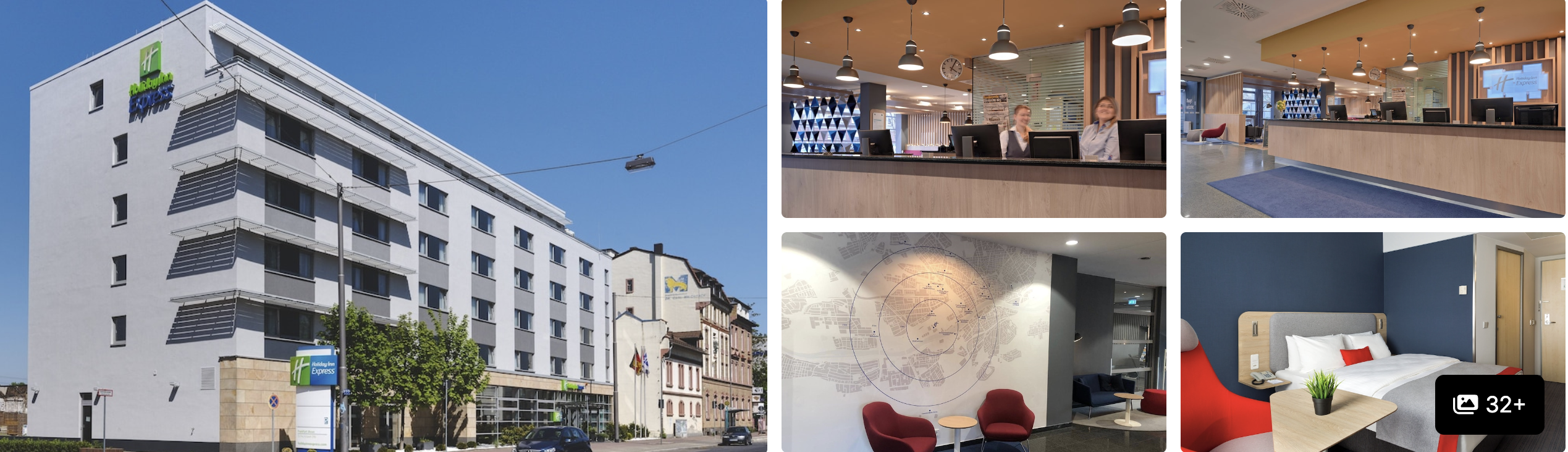 Photos of Holiday Inn Express Frankfurt Messe: white exterior under blue sky, reception with staff and guest room