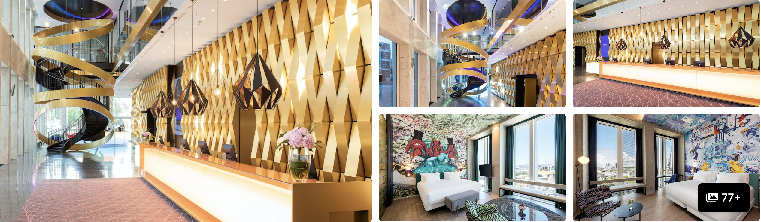 Photos of nhow Frankfurt: gold geometric lobby with spiral staircase, designer reception and bold guest rooms