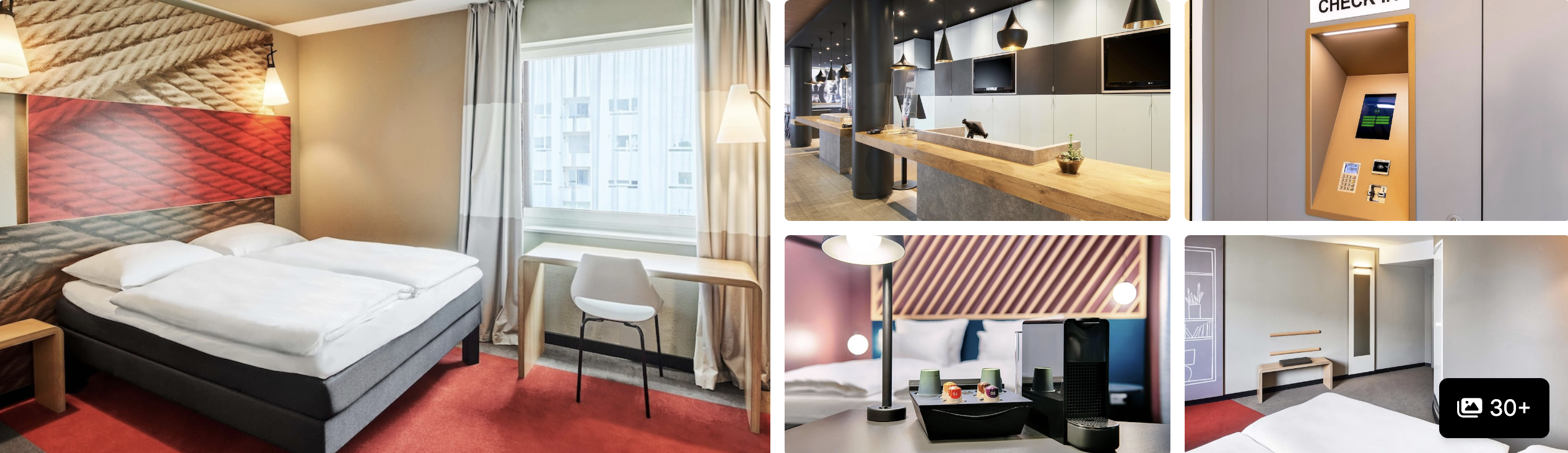 Photos of B and B Hotel Frankfurt Messe: red-carpet guest room, self-service check-in kiosk and lounge