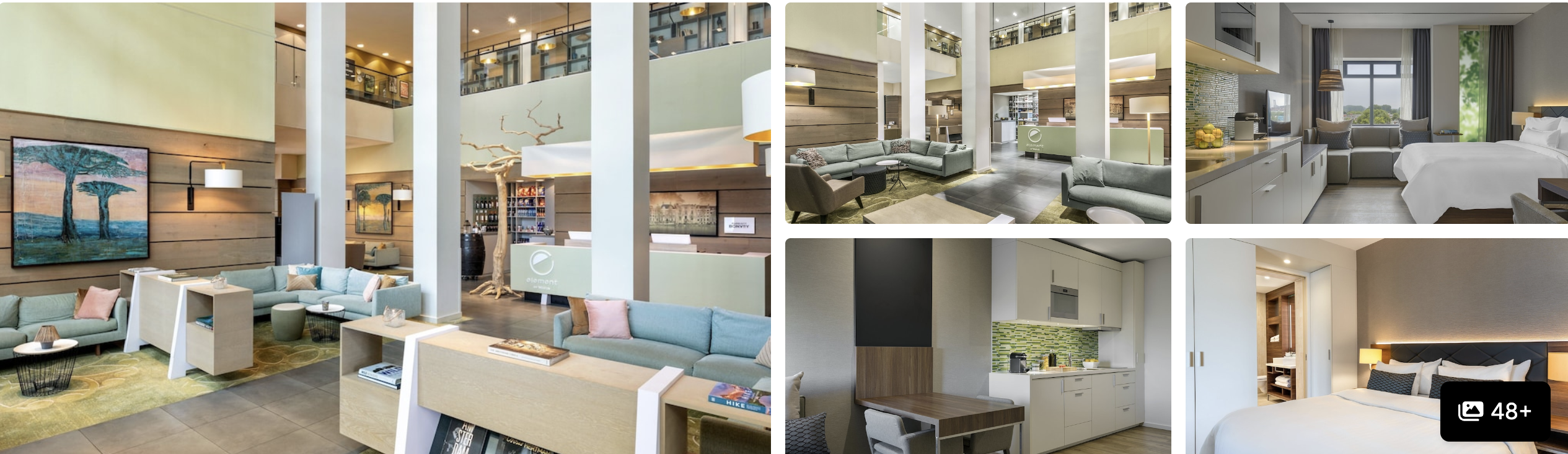 Photos of Element Amsterdam: open-plan lounge with columns, guest room and in-room kitchenette