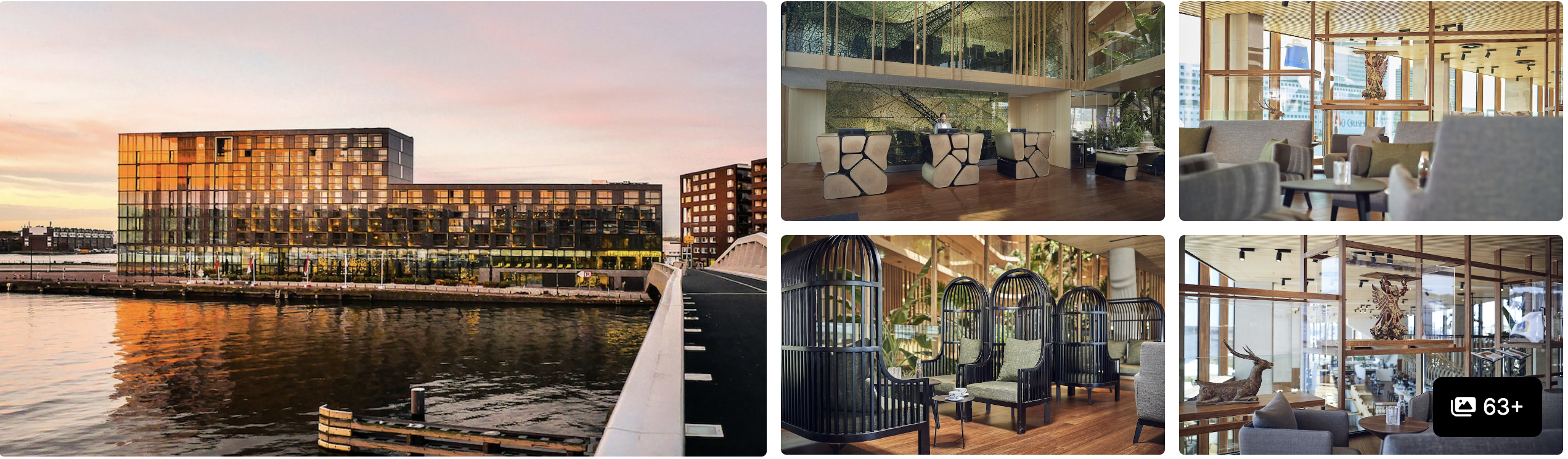 Photos of Hotel Jakarta Amsterdam: timber waterfront building at sunset and plant-filled atrium lounges