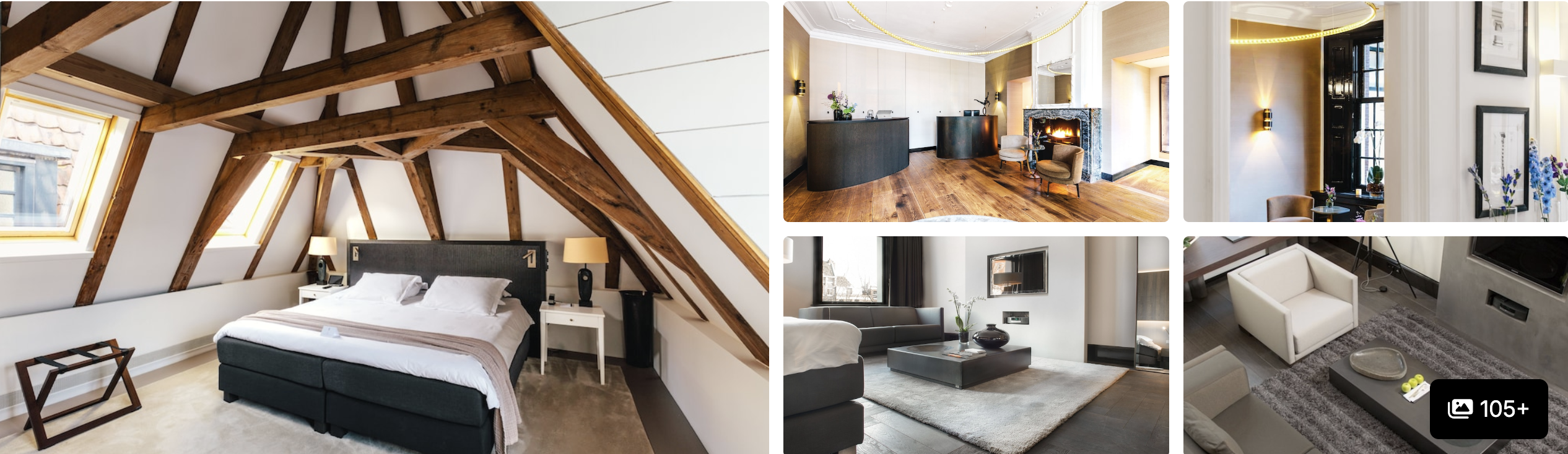 Photos of The Dylan Amsterdam: attic bedroom with exposed wood beams and a fireplace lounge