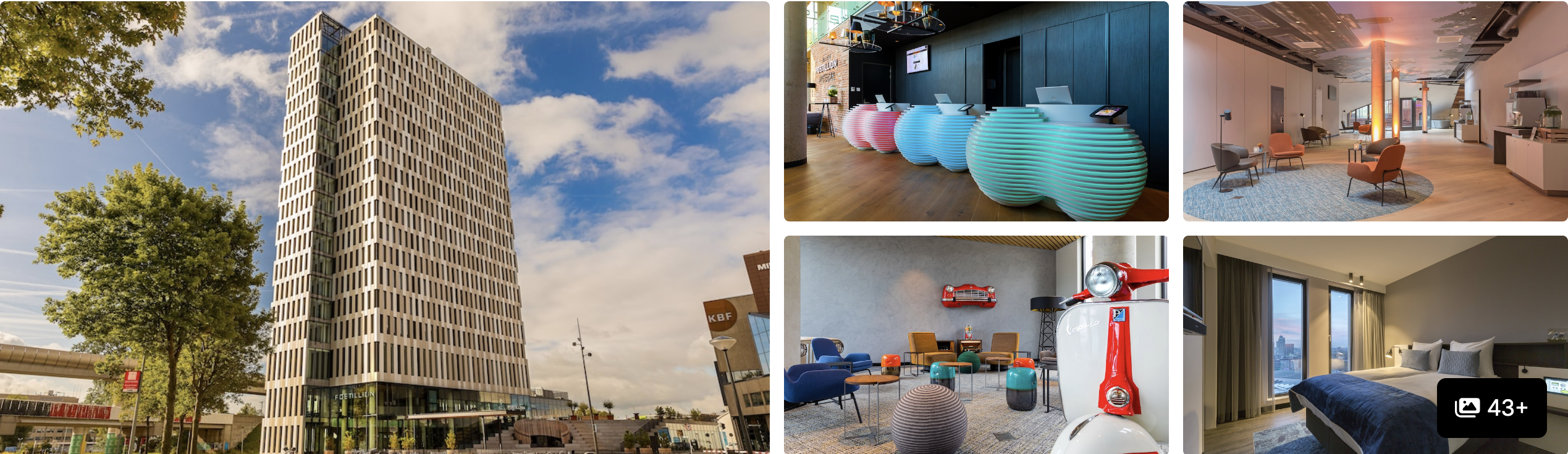 Photos of Element Amsterdam: modern glass tower, lounge with exercise balls and a guest room