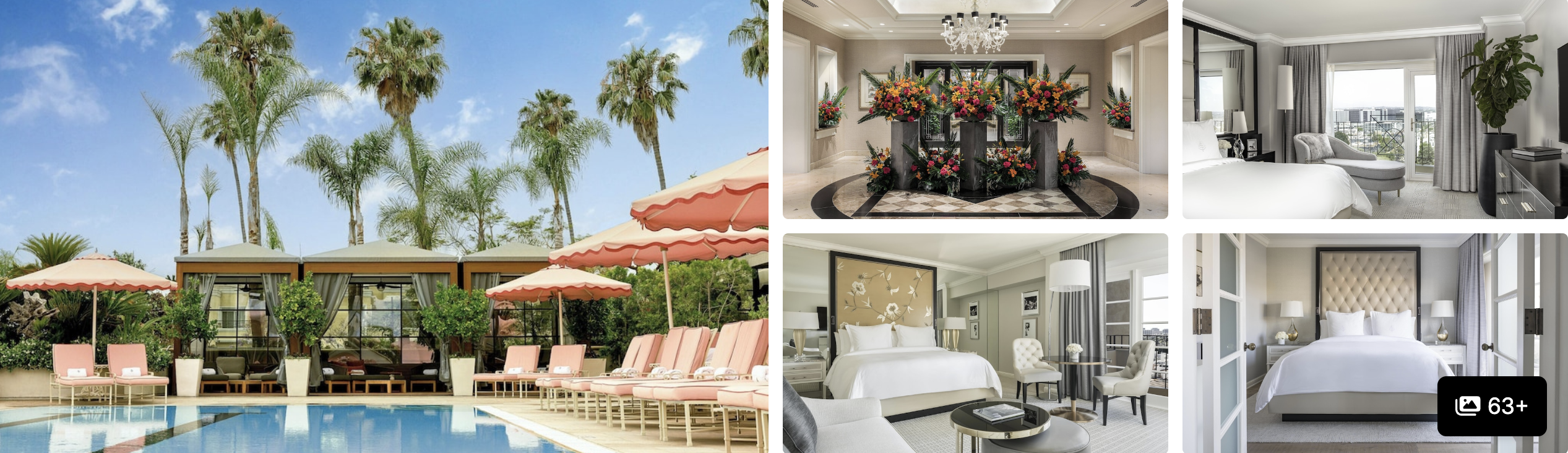 Photos of Four Seasons Hotel Los Angeles at Beverly Hills: palm-fringed pool and loungers, grand lobby and elegant guest rooms